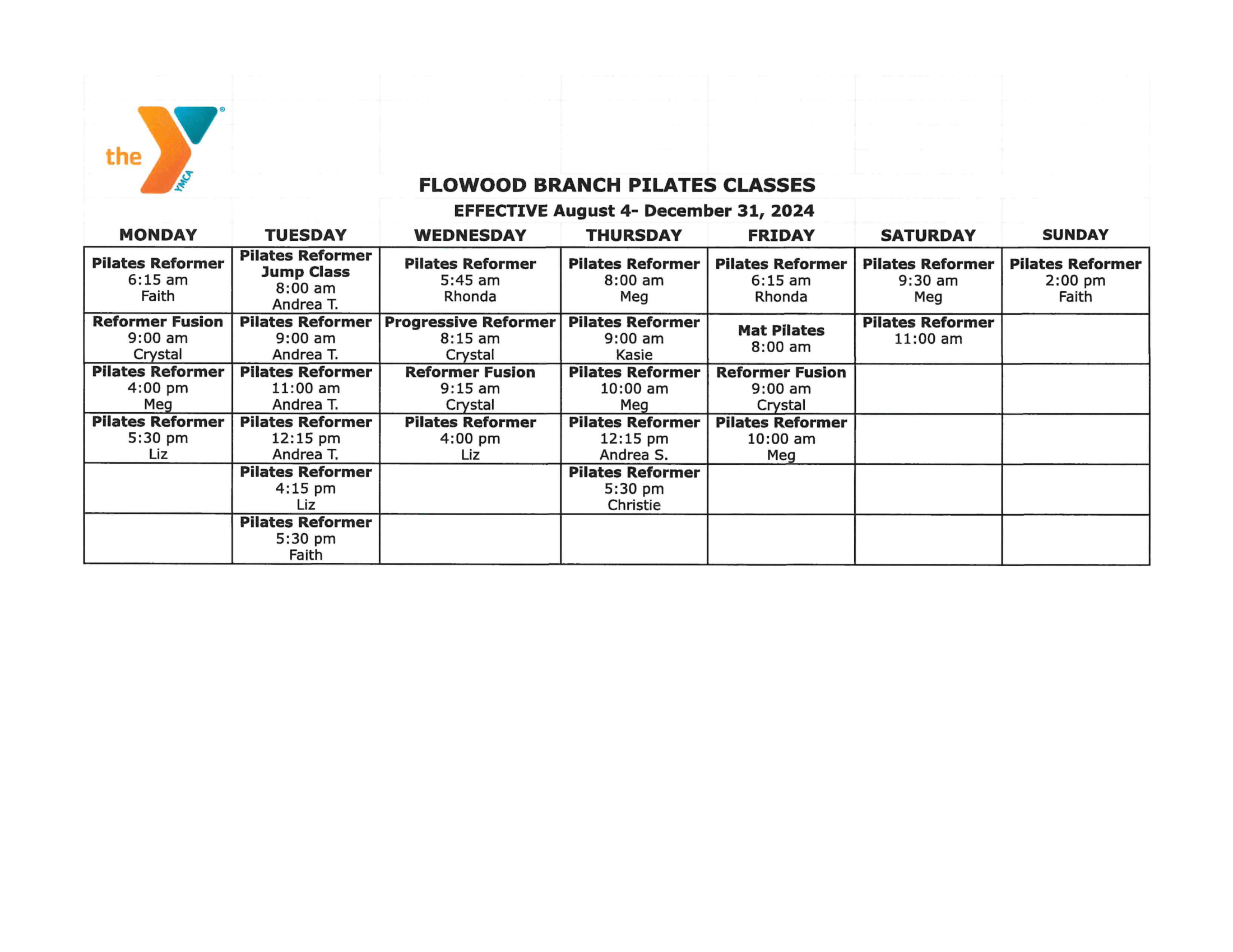 Pilates Schedule for Flowood