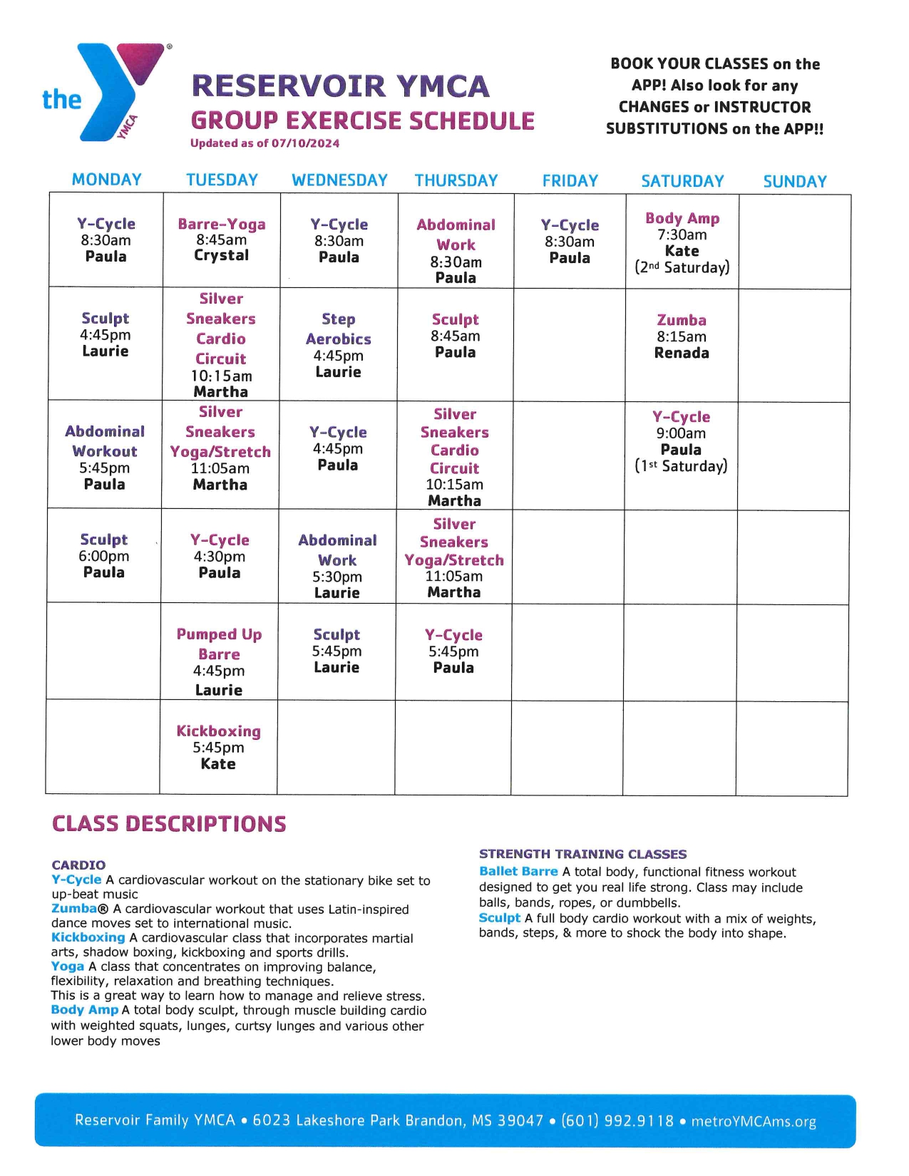 Reservoir YMCA Group Exercise Schedule